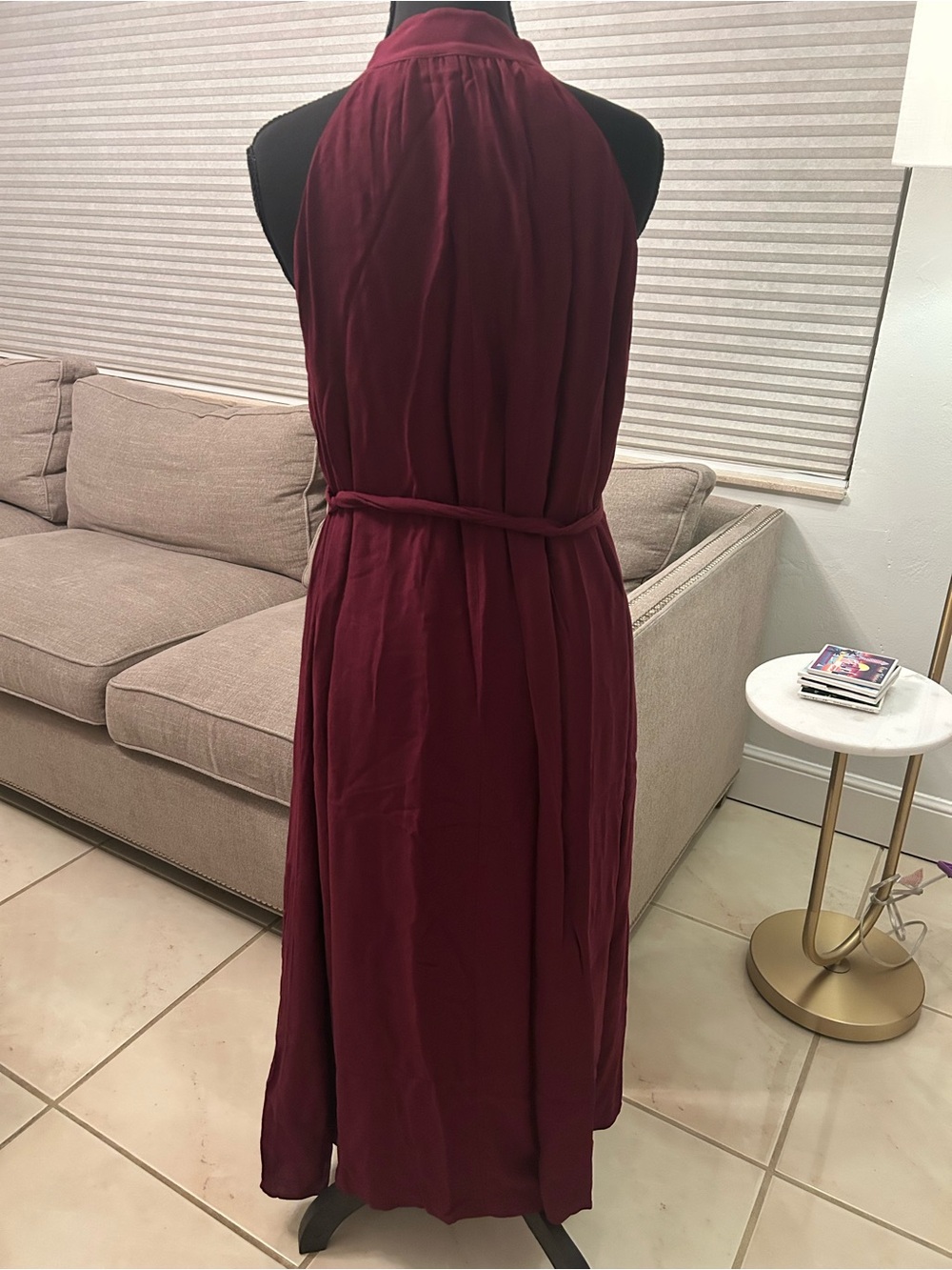 Greylin Sleeveless Button Up Halter Maxi Dress in Burgundy - Picture 5 of 10